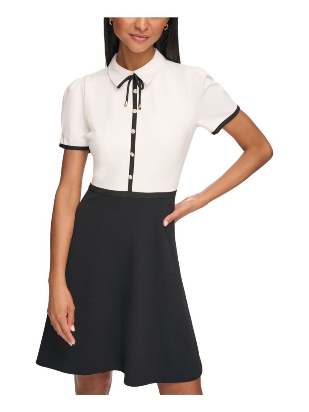 KARL LAGERFELD Collared Contrast Trim Knee-length Dress White Black Size 6 $148